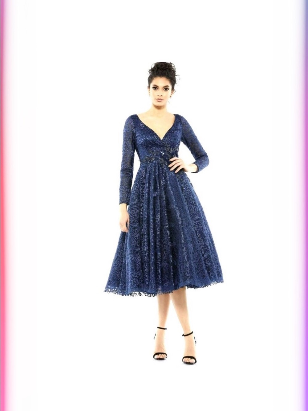 Mac Duggal Navy Lace V-Neck Long Sleeve Tea-Length Dress